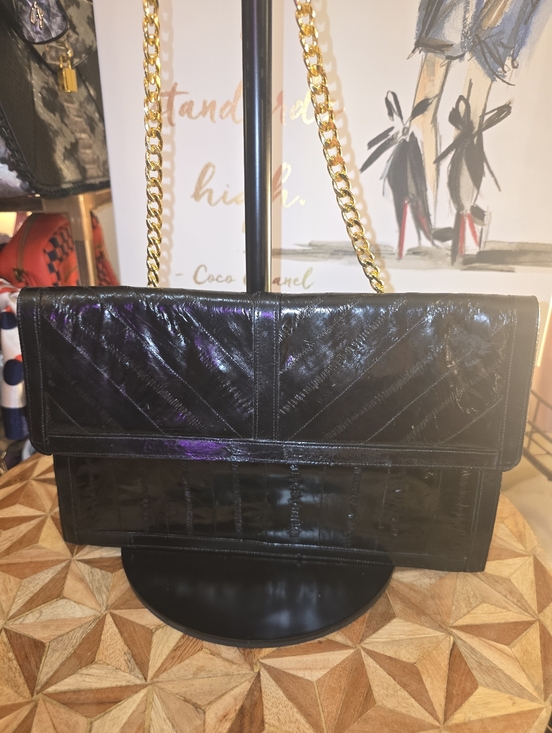 Victory Handbags - Victory Black Quilted Chain-Handle Shoulder Bag/Clutch 100% Eel Skin
